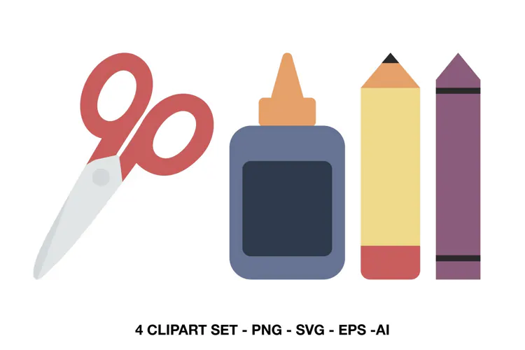 School Supplies Clipart with Scissors, Glue, Pencil & Crayon
