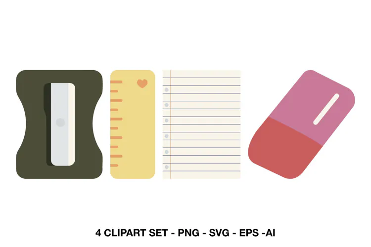 School Supplies Clipart with Sharpener, Ruler, Eraser