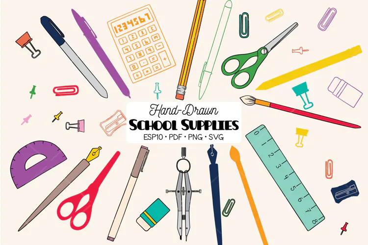 School Supplies Color | Hand Drawn Stationary, Office Doodle