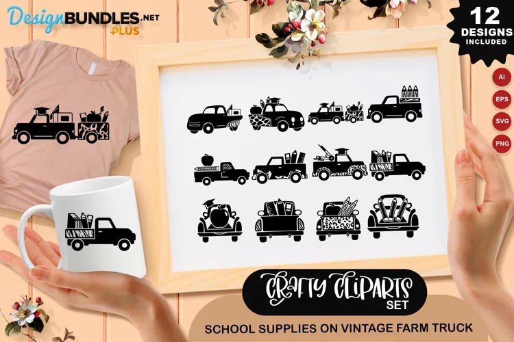 School Supplies On Vintage Farm Truck Clipart Set