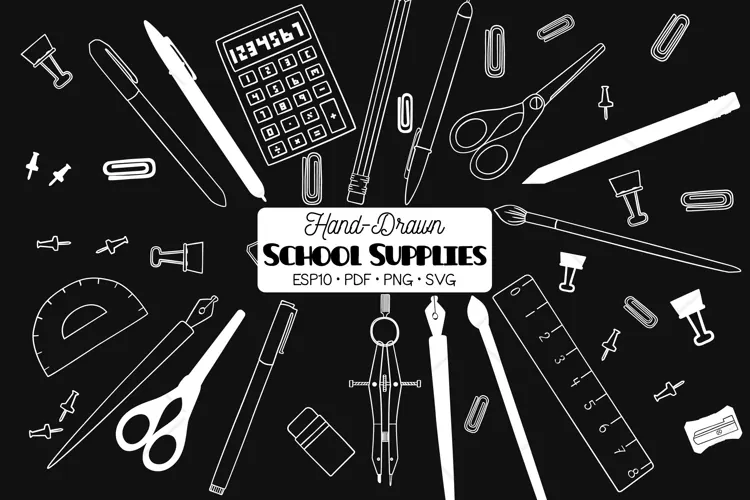School Supplies White | Hand Drawn Stationary, Office Doodle