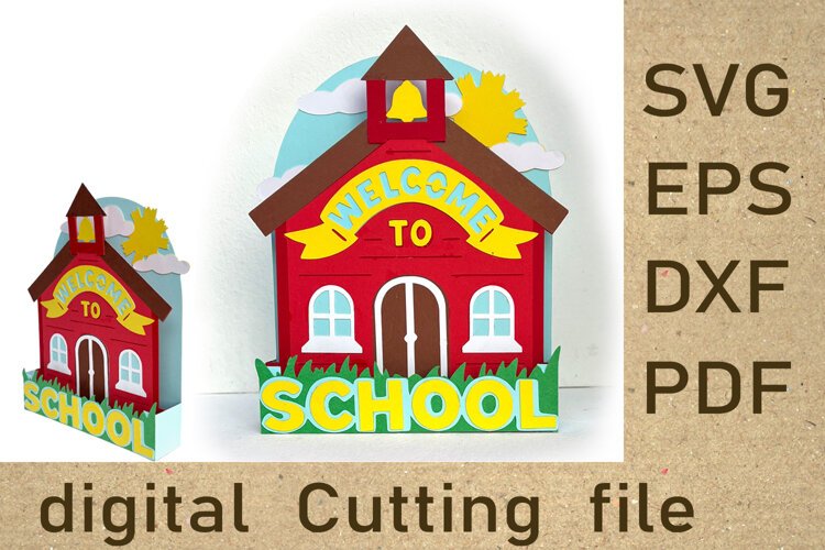 3D School House Pop Up Card SVG | Back to School Papercraft example image 1