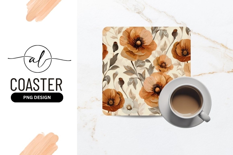 Floral Pattern with Orange Poppies and Gray Leaves on Cream