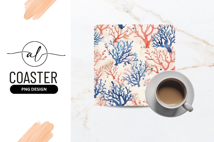Watercolor Coral Reef Pattern in Blue and Red on Cream