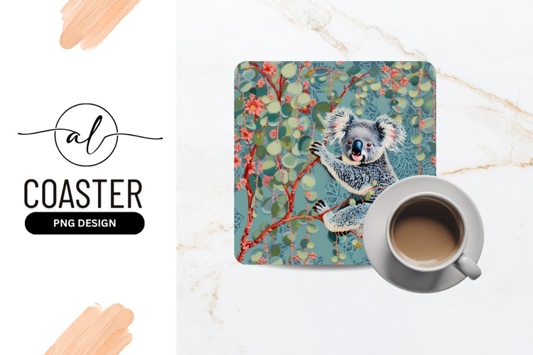 Koala Bear in Eucalyptus Tree with Pink Flowers on Teal