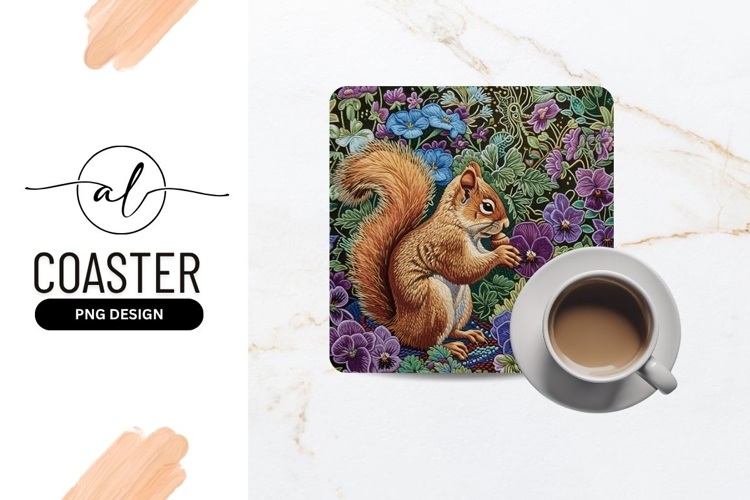 Squirrel with Acorn Among Purple and Blue Pansies rodent