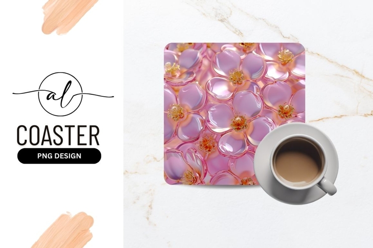 Pink Glossy Flowers Square Coaster Png