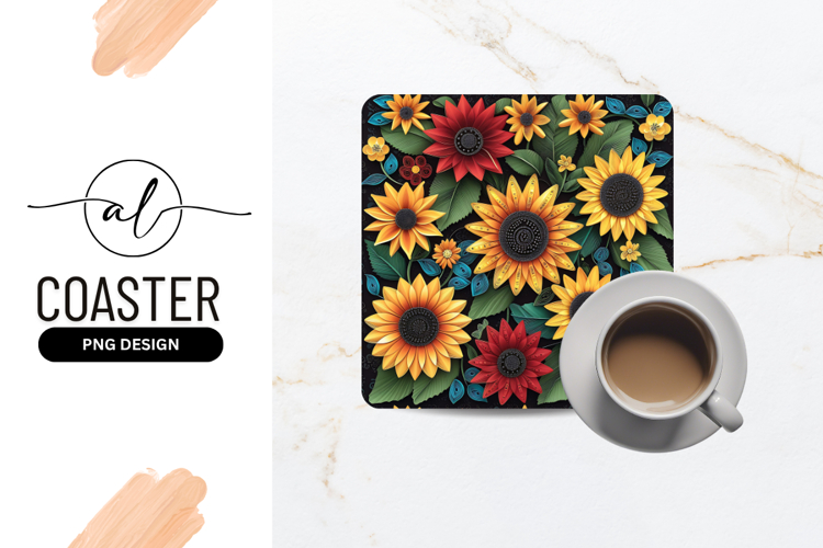 Floral Pattern With Sunflowers Square Coaster Png