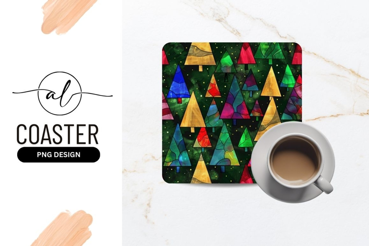 Colorful stained glass forest coaster design