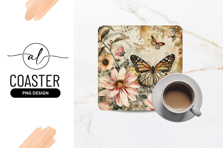 Vintage floral butterfly square coaster design
