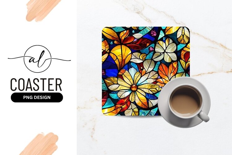 Vivid Floral Stained Glass Square Coaster Design example image 1