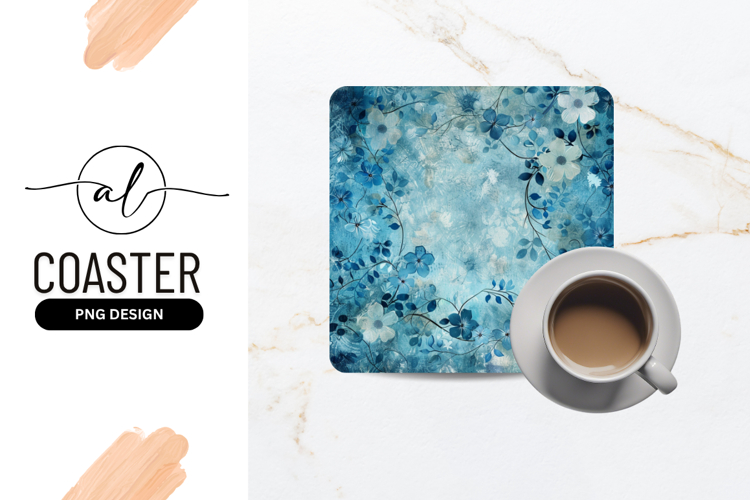 Blue Floral Watercolor Textured For Square Coaster