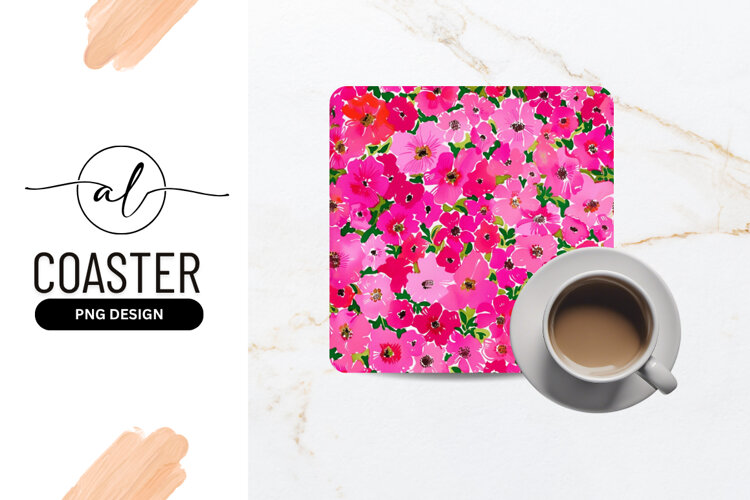 Bright Pink Floral Pattern For Square Coaster example image 1