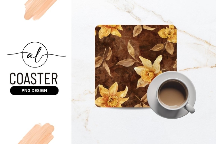 Watercolor Daffodil Floral Pattern with Brown Background