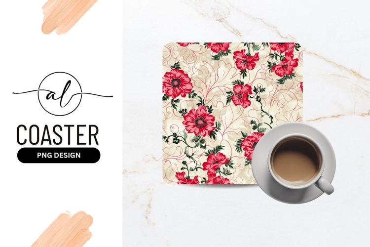 Red floral pattern with leaves and vines on a cream