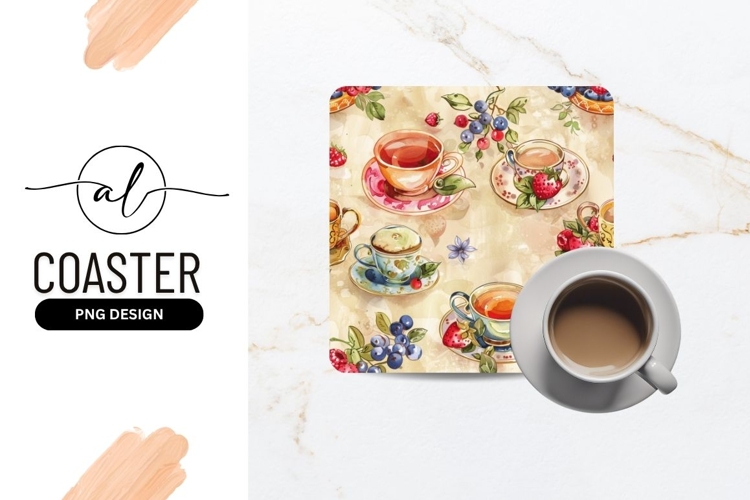 Watercolor Tea Cups Berries and Leaves on a Beige Background