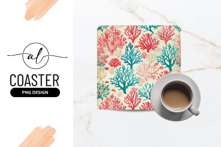 Watercolor Coral Reef Pattern with Red Blue and Beige