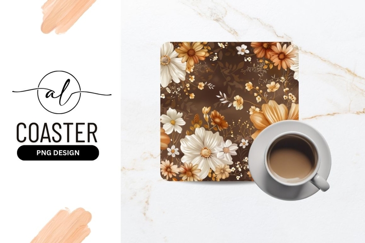Floral Pattern with White and Brown Flowers on a Dark Brown