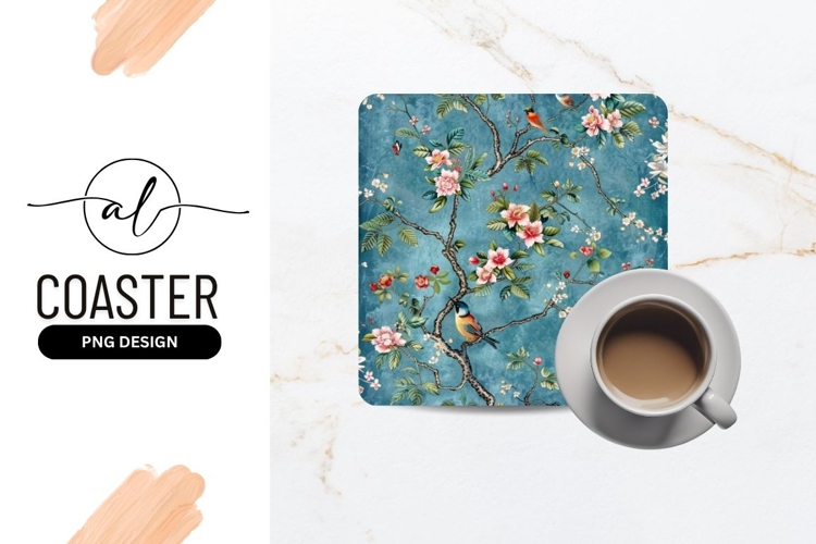 Floral Pattern with Birds and Blossoms on Teal Background