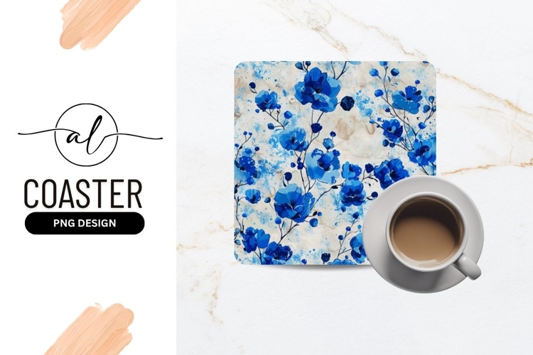 Watercolor Blue Floral Pattern with Splatter on Beige