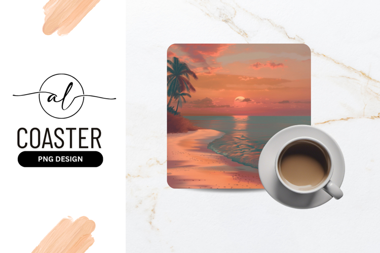 Sunset over Ocean with Palm Trees and Beach Illustration