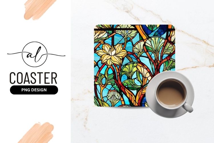 Floral Stained Glass Art Nouveau Square Coaster Png example image 1