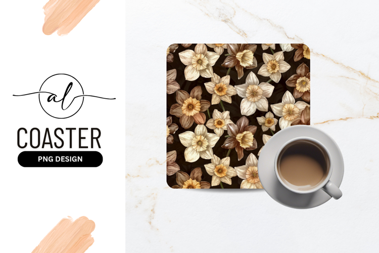 Brown And Cream Daffodils Dark Background Square Coaster