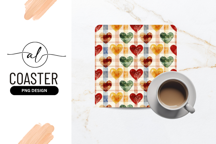 Hearts On Plaid Colorful Watercolor Square Coaster