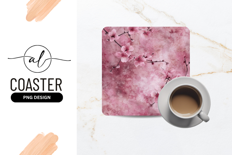 Pink Cherry Blossom Floral Square Coaster Design