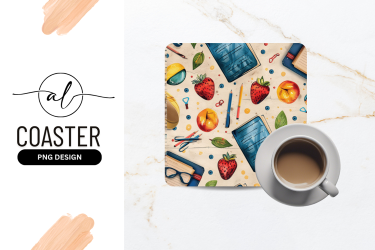Watercolor School Supplies And Fruit Pattern Square Coaster