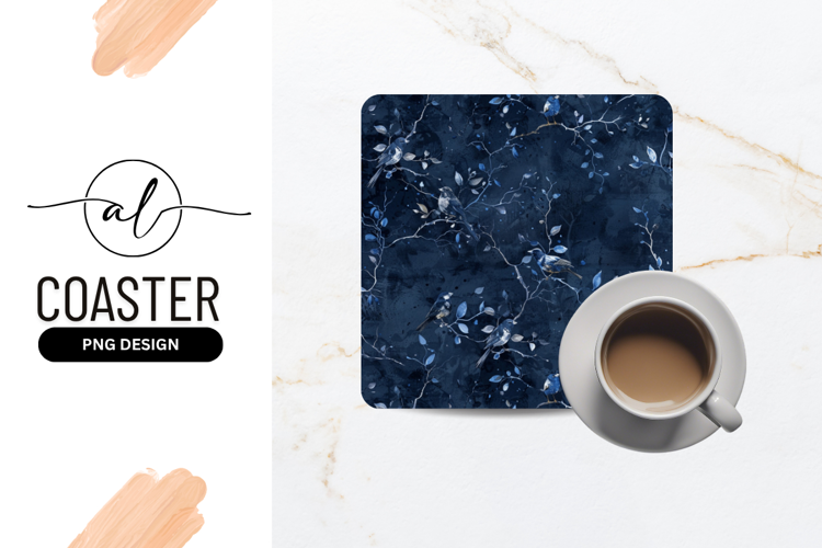 Birds On Branches Watercolor Style Dark Blue Square Coaster