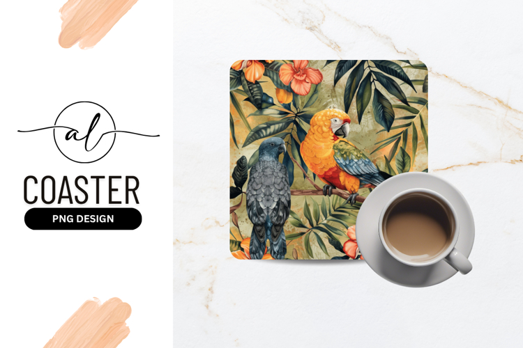 Parrots And Tropical Flowers Square Coaster Png