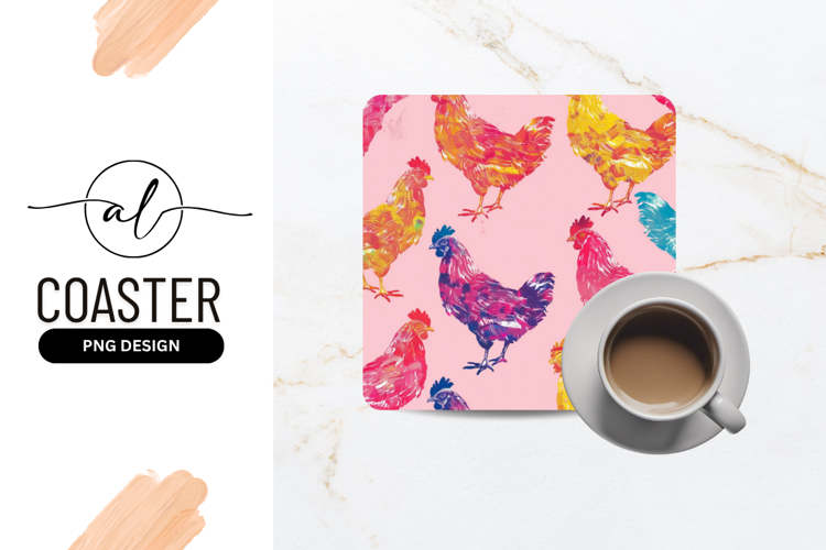 Vibrant Chicken Pattern For Sublimation Square Coaster Png