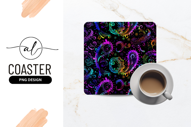 Vibrant Paisley Pattern On Black Square Coaster Png