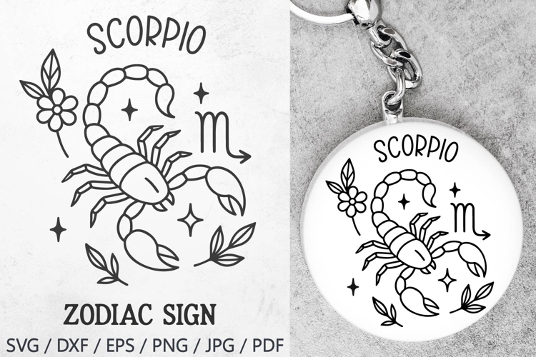 Scorpio Zodiac Sign SVG – cute scorpio illustration with floral details and stars. Perfect for astrology t-shirts, mugs, tote bags, keychains, zodiac stickers, planners, posters, invitations, horoscope crafts, and birthday gifts.