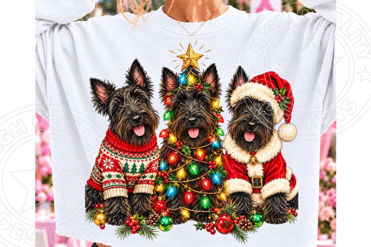 Scottie Dog Christmas PNG Design, Three Scottish Terriers wi example image 1