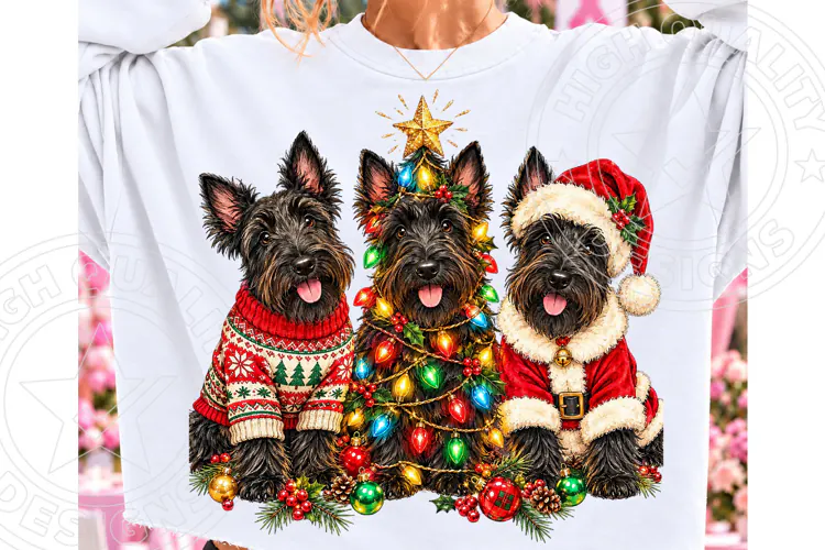 Scottie Dog Christmas PNG Design, Three Scottish Terriers wi