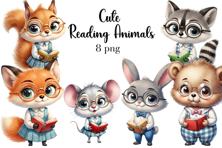 Cute Reading Animals Clipart PNG Clipart.