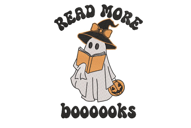 Ghost with a Book, Reed more books Halloween Embroidery