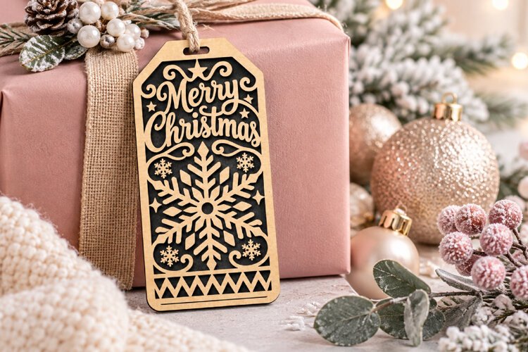 Script Christmas Tag SVG, Laser Cut Snowflake Gift Tag example image 1