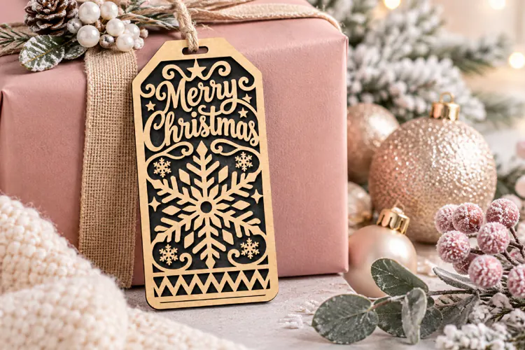 Script Christmas Tag SVG, Laser Cut Snowflake Gift Tag