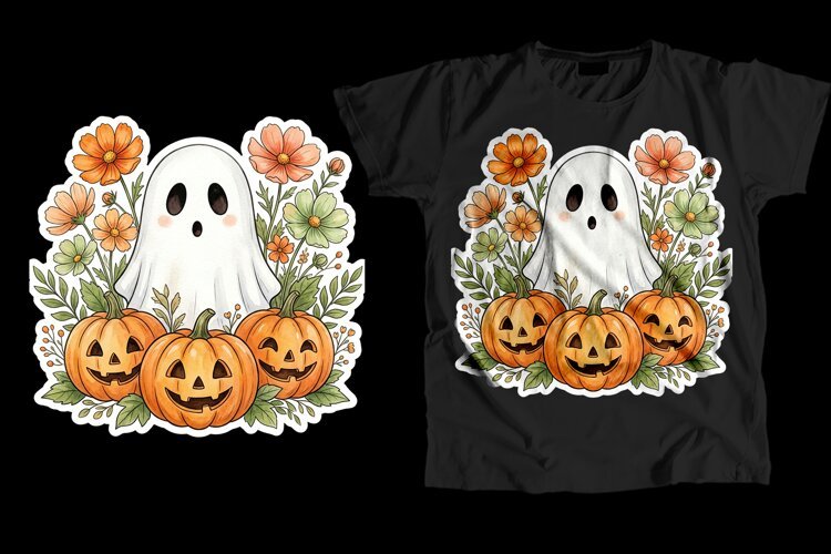 Floral Cottagecore Ghost Pumpkin T-Shirt PNG 300 DPI