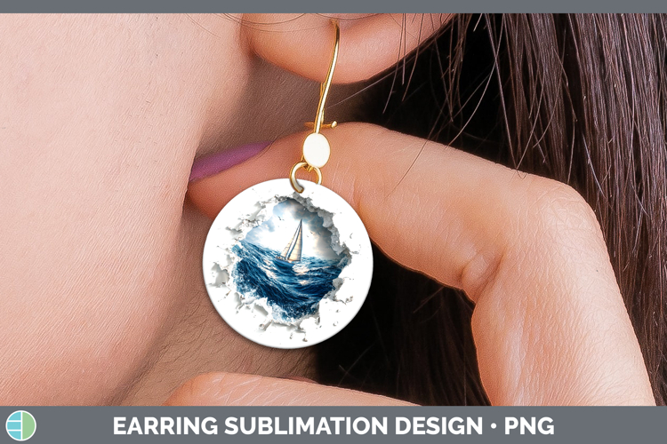 Sailboat Sea 3D Hole Round Earrings Sublimation Design