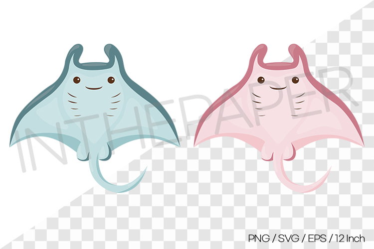 Blue and Pink Manta Ray Vector Clipart Illustration Animal