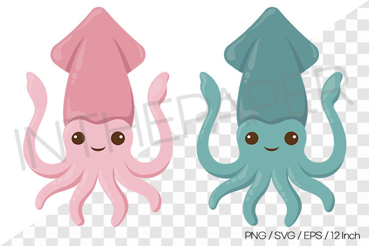 Pink and Teal Squid Vector Clipart Illustration Sea Animal