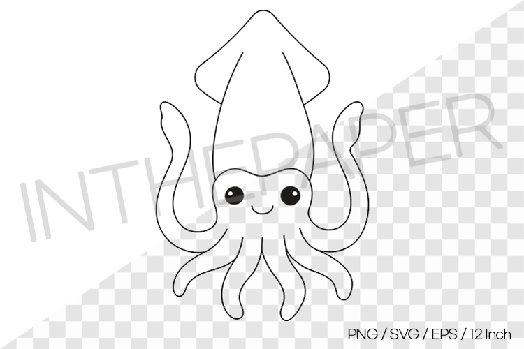 Squid Outline Coloring Page Clipart SVG EPS PNG Sea Animal