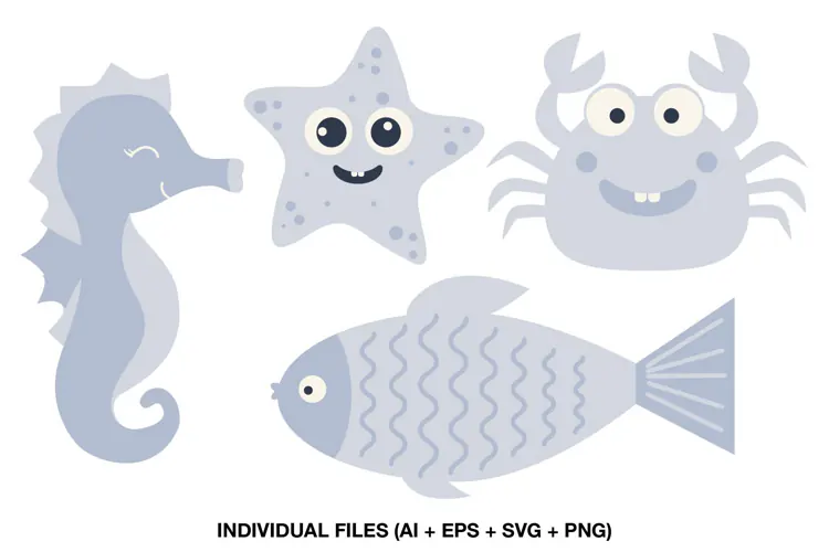 Sea Animals Clipart with Seahorse, Starfish, Crab and Fish