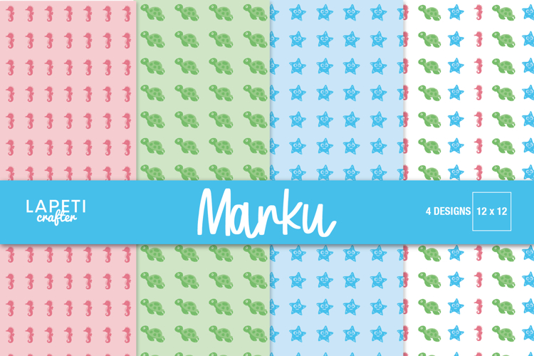 Sea Animals Digital Paper, Ocean Turtle Starfish Patterns
