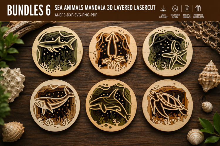 Sea Animals Mandala 3D Layered Lasercut BUNDLES