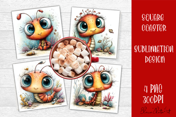 Shrimp square coaster sublimation | Whimsical coaster PNG